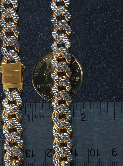 14k Two Tone Gold Miami Cuban Chain Necklace with White Pave