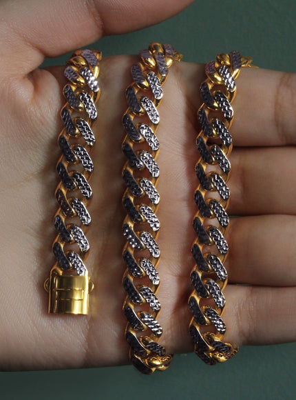 14k Two Tone Gold Miami Cuban Chain Necklace with White Pave