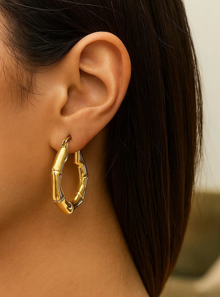 14k Yellow Gold Medium Bamboo Hoop Earrings (25mm)