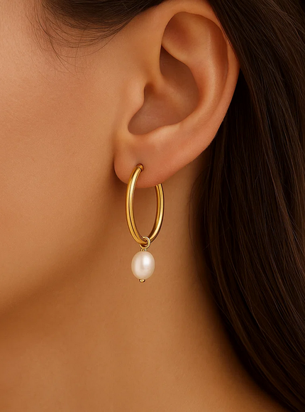 Pearl Drop Oval Earrings in 14K Yellow Gold