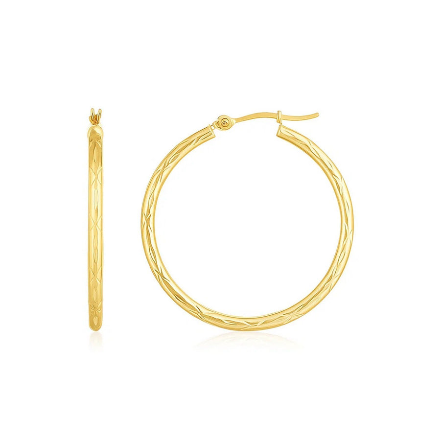 14K Yellow Gold Diamond Cut Hoop Earrings