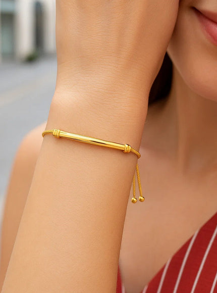 14k Yellow Gold Smooth Curved Bar and Lariat Style Bracelet