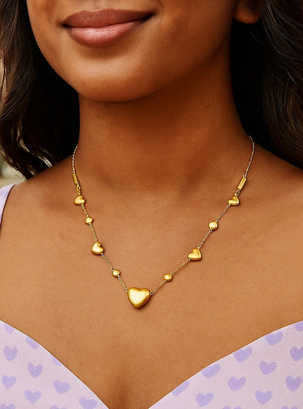 14k Yellow Gold Puff Heart Adjustable Necklace