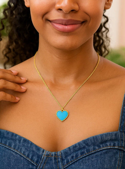 14k Yellow Gold High Polish Heart Turquoise Paste Necklace