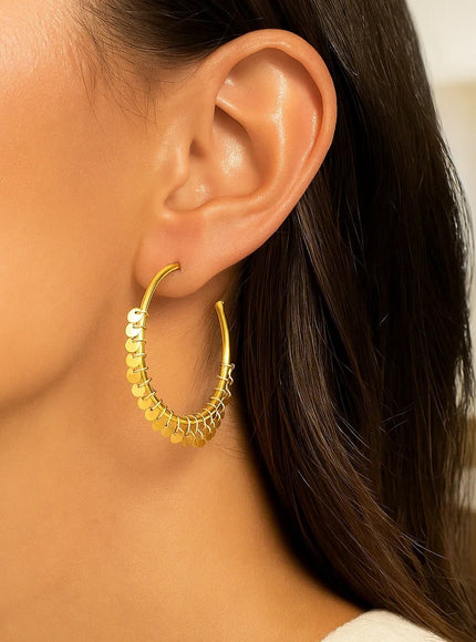 14k Yellow Gold Hoop Style Earrings with Dangling Sequins