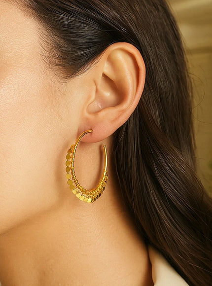 14k Yellow Gold Hoop Style Earrings with Dangling Sequins
