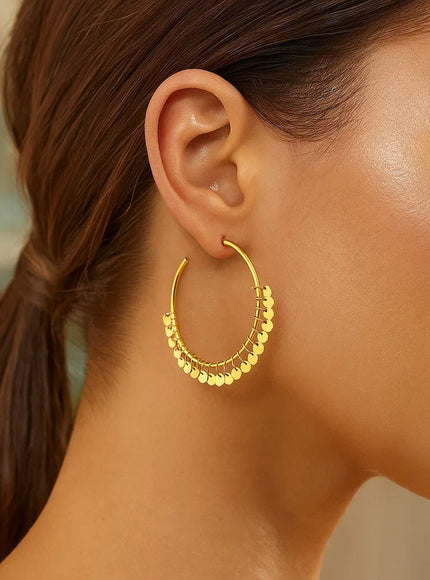 14k Yellow Gold Hoop Style Earrings with Dangling Sequins