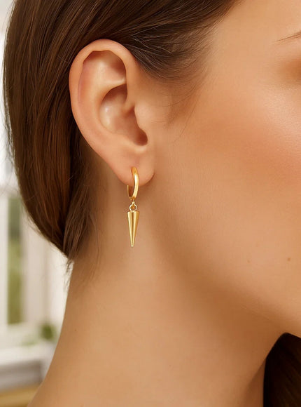 14K Yellow Gold Dangling Spike Drop Hoop Earrings