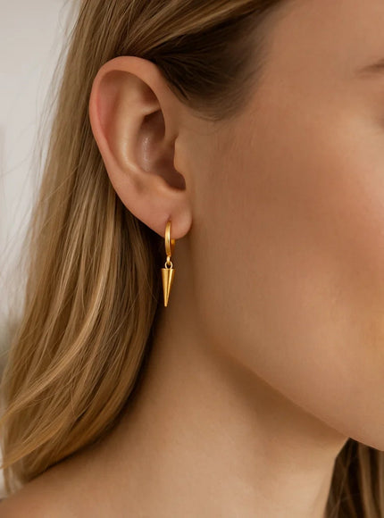 14K Yellow Gold Dangling Spike Drop Hoop Earrings