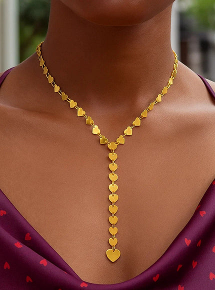 14k Yellow Gold Mirrored Heart Chain Lariat Necklace