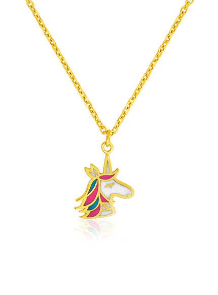 14k Yellow Gold Childrens Necklace with Enameled Unicorn Pendant