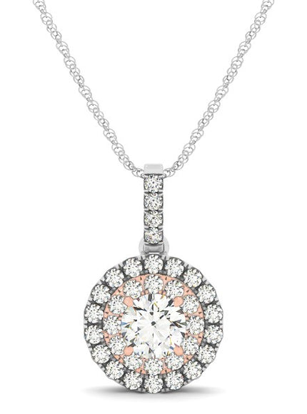 Round Shape Halo Diamond Pendant in 14k White and Rose Gold (1/2 cttw)