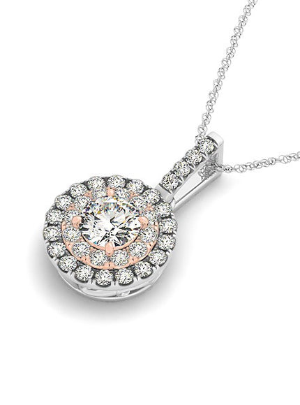 Round Shape Halo Diamond Pendant in 14k White and Rose Gold (1/2 cttw)
