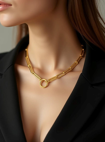 14k Yellow Gold High Polish Elongated Paperclip Chain Circle Necklace