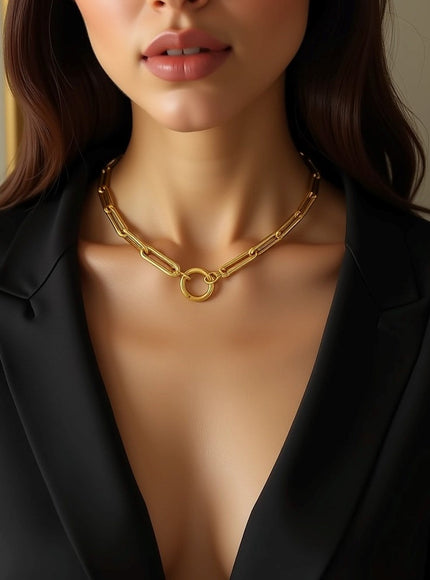 14k Yellow Gold High Polish Elongated Paperclip Chain Circle Necklace