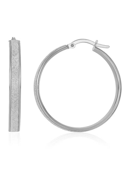 14k White Tone Gold Hoop Style Earrings with Center Glitter Look Design
