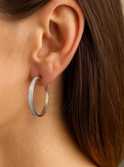 14k White Tone Gold Hoop Style Earrings with Center Glitter Look Design