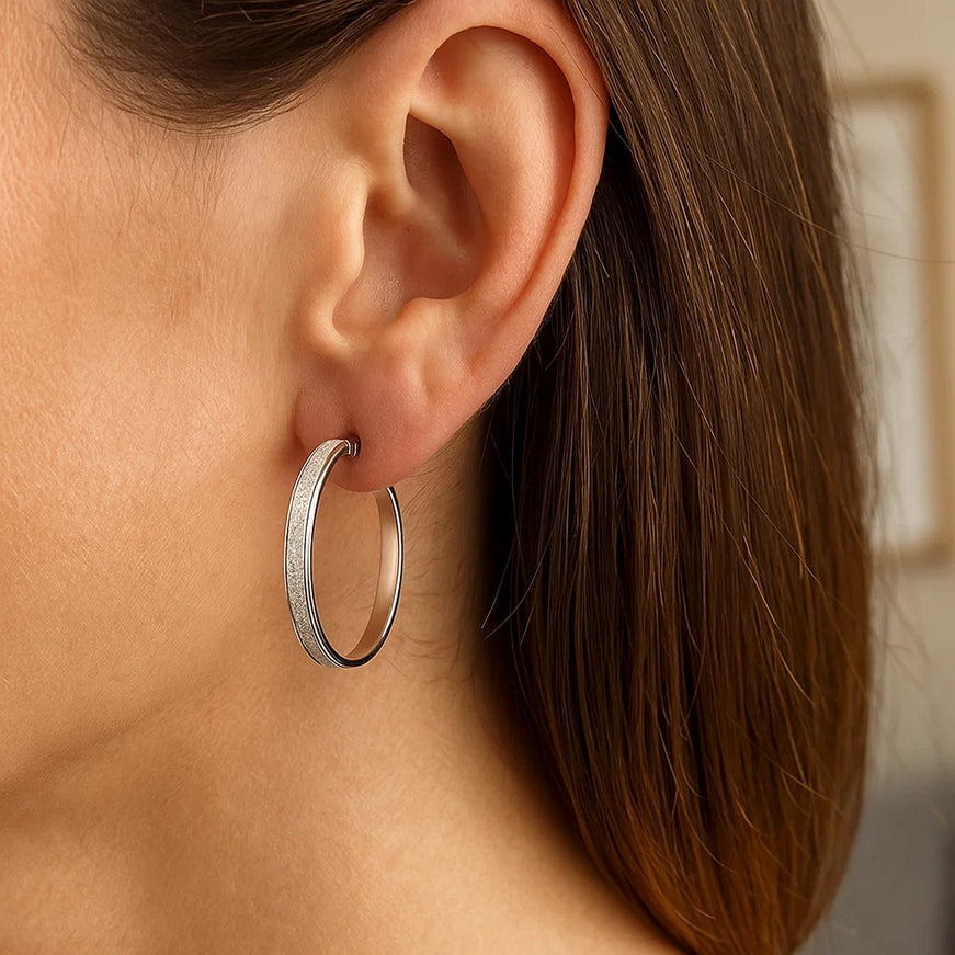 14k White Tone Gold Hoop Style Earrings with Center Glitter Look Design