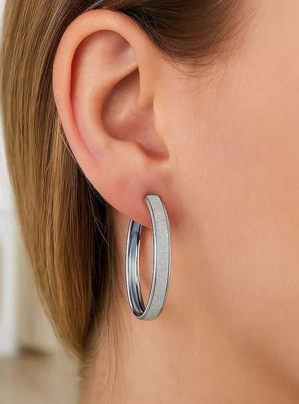 14k White Tone Gold Hoop Style Earrings with Center Glitter Look Design