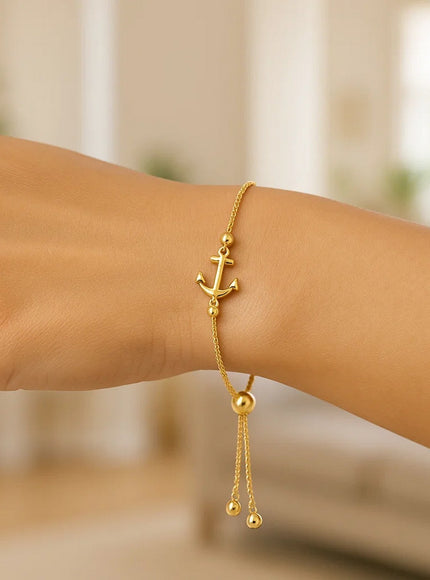 14k Yellow Gold Anchor Design Adjustable Lariat Bracelet