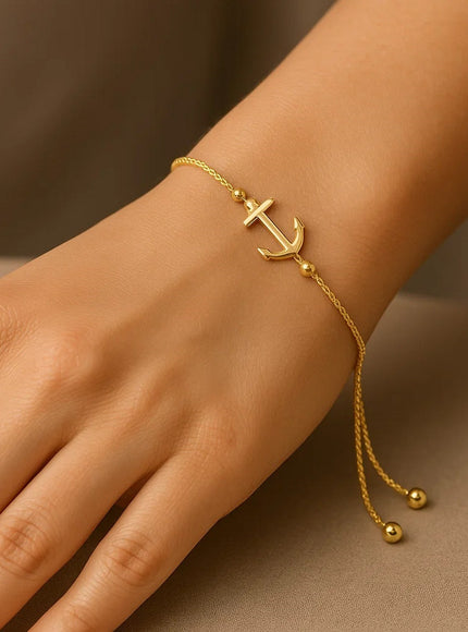 14k Yellow Gold Anchor Design Adjustable Lariat Bracelet