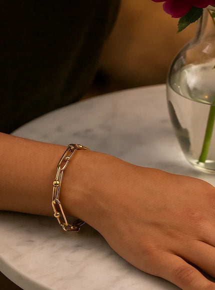 14k Yellow Gold 7 3/4 inch Beaded Oval Chain Bracelet