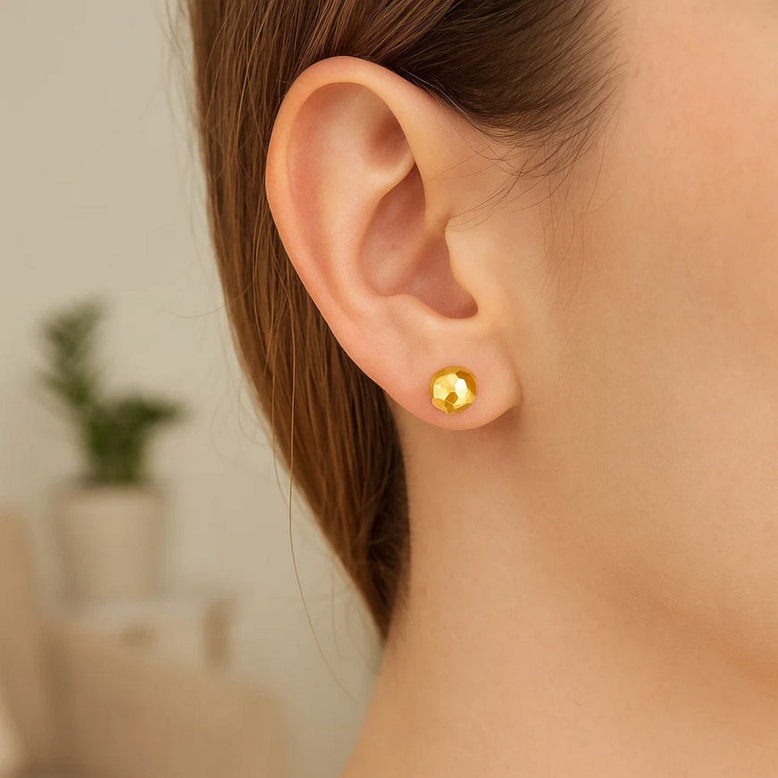 14k Yellow Gold Ball Earrings with Faceted Texture