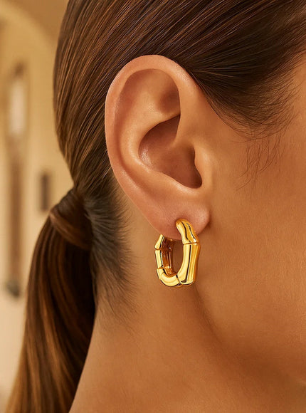 14k Yellow Gold Bamboo Huggie Hoops