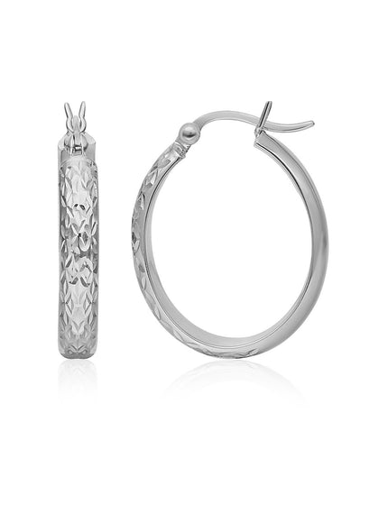 10k White Gold Hammered Oval Hoop Earrings