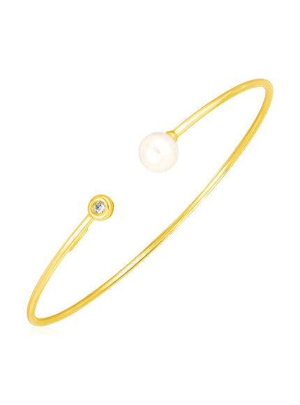 14k Yellow Gold Cuff Bangle with Pearl and Diamond
