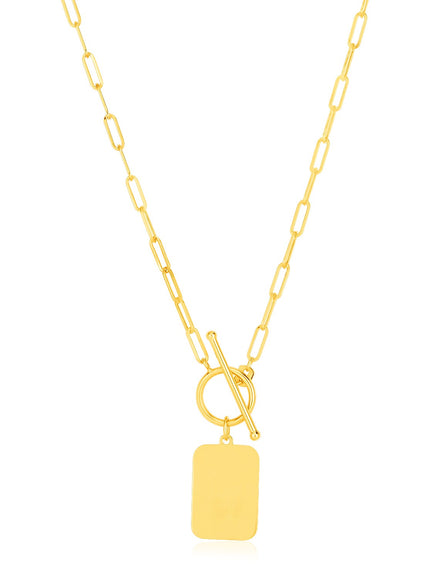 14k Yellow Gold Paperclip Chain Necklace with Rounded Rectangle Pendant