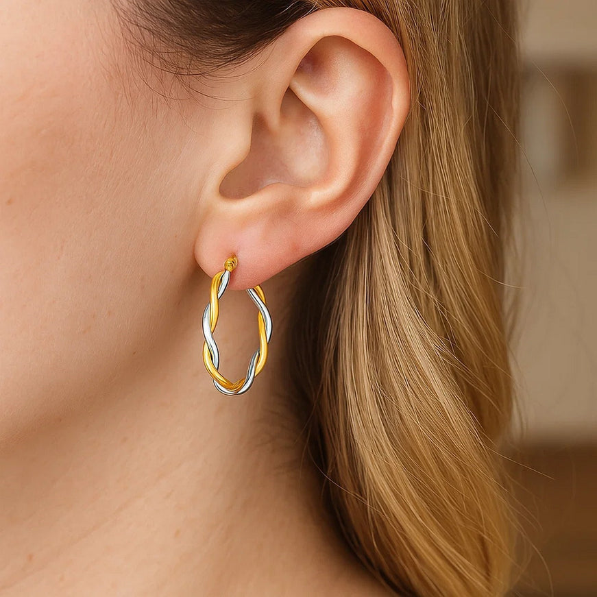 Two-Tone Twisted Wire Round Hoop Earrings in 10k Yellow and White Gold