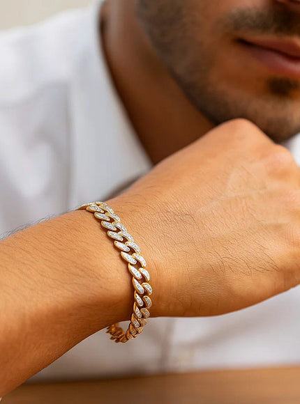 14k Two Tone Gold Curb Chain Bracelet with Diamond Pave Links