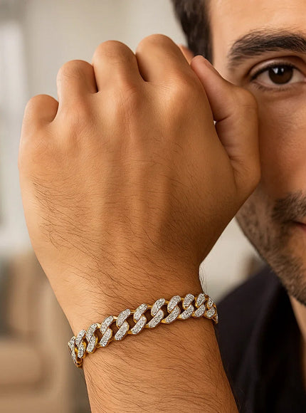 14k Two Tone Gold Curb Chain Bracelet with Diamond Pave Links