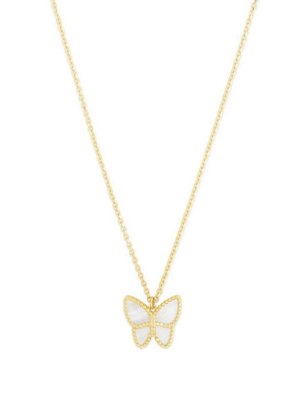 14k Yellow Gold High Polish Butterfly Peral Paste Necklace