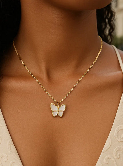 14k Yellow Gold High Polish Butterfly Peral Paste Necklace