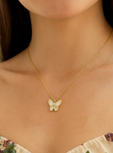 14k Yellow Gold High Polish Butterfly Peral Paste Necklace