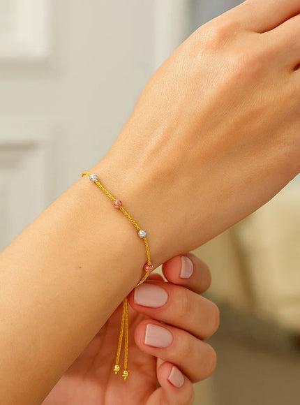 14k Tri-Color Gold Textured Bead Station Lariat Bracelet