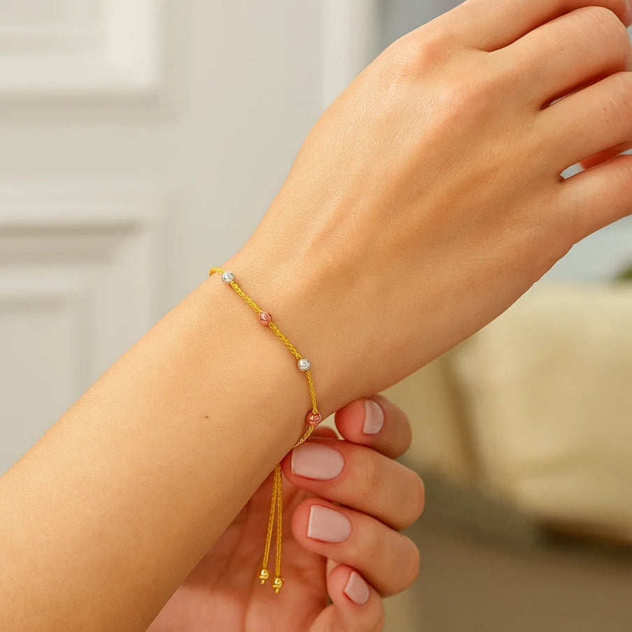 14k Tri-Color Gold Textured Bead Station Lariat Bracelet