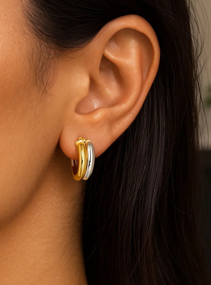 14k Two Tone Gold Double Round Hoops