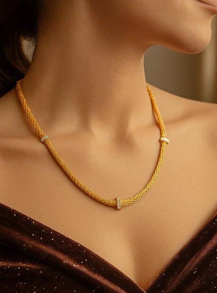 Woven Rope Necklace with Diamond Accents in 14k Yellow Gold