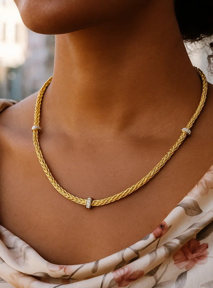 Woven Rope Necklace with Diamond Accents in 14k Yellow Gold