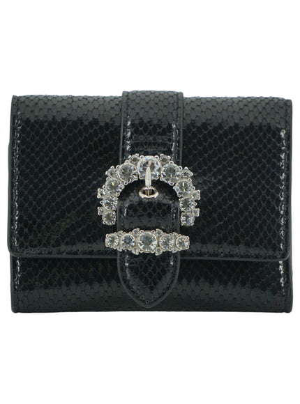 Jimmy Choo black leather card holder with jeweled buckle