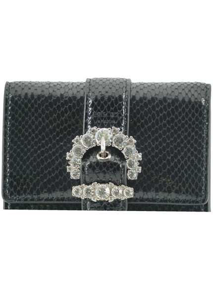 Front detail of Jimmy Choo card holder with jeweled buckle