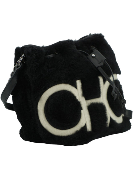 a black and white purse with the word oh on it