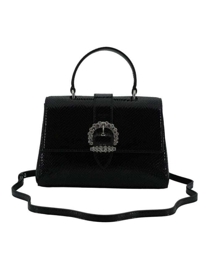 a black handbag with a metal buckle