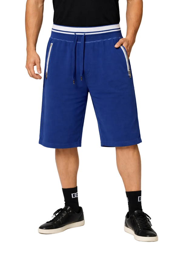 Person wearing dolce & gabbana blue shorts with white drawstring and trim on a white background