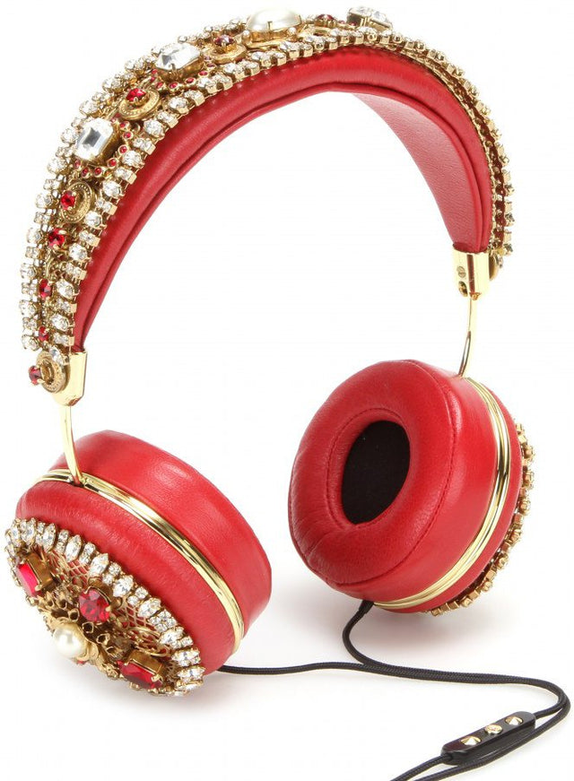 Dolce &amp; Gabbana FRENDS Auriculares de cuero con diseño floral rojo y cristal