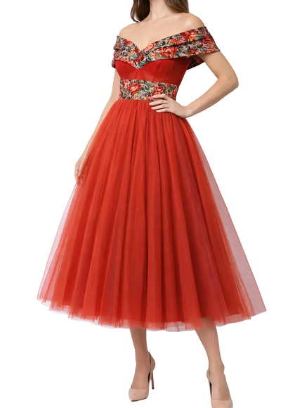 Dolce & Gabbana Red Off-Shoulder A-Line Tulle Dress