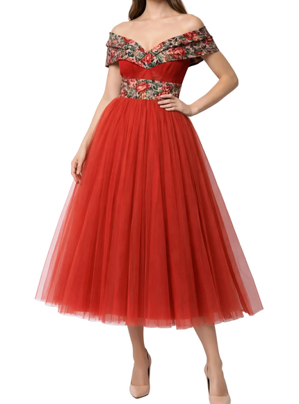 Dolce & Gabbana Red Off-Shoulder A-Line Tulle Dress